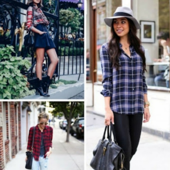 Calvin Klein Jeans Flanel Plaid Curved Hem Shirt. - Picture 9 of 11